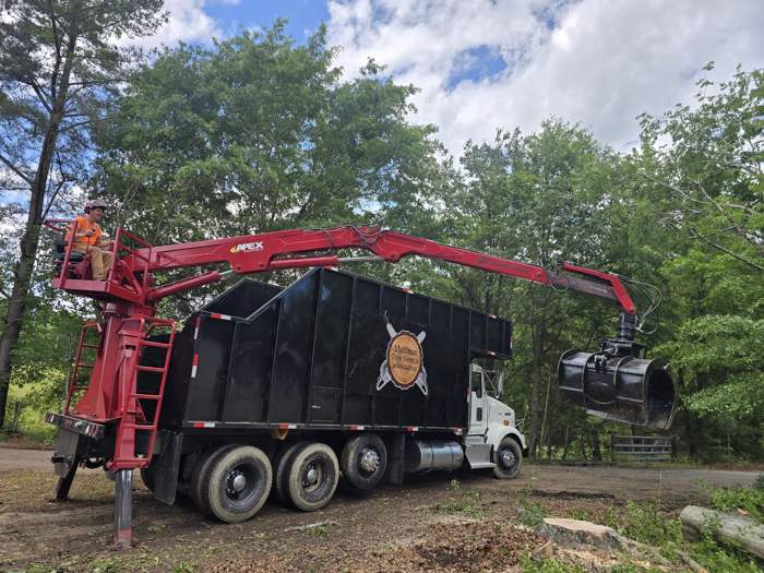 Grapple truck loading a log on the street